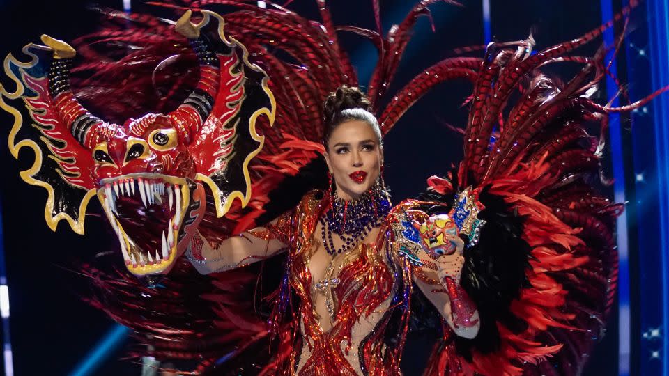 Miss Venezuela's costume paid tribute to the dancing devils, otherwise known as spirit dancers, who perform at religious festivals in her country. - Alex Peña/Getty Images
