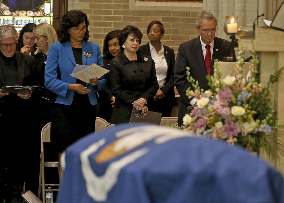 New Orleans Saints owner Gayle Benson listens during a Celebration of Life Interfaith Service for former Louisiana Gov. Kathleen Babineaux Blanco, at St. Joseph Cathedral in Baton Rouge, La., Thursday, Aug. 22, 2019. Thursday was the first of three days of public events to honor Blanco, the state's first female governor who died after a years long struggle with cancer.(AP Photo/Michael Democker, Pool)