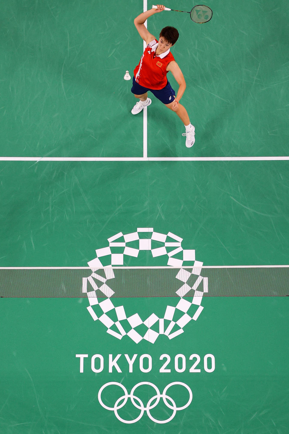 <p>CHOFU, JAPAN - JULY 27: Du Yue and Li Yin Hui(not in picture) of Team China compete against Lee Sohee and Shin Seungchan of Team South Korea during a Women's Doubles Group B match on day four of the Tokyo 2020 Olympic Games at Musashino Forest Sport Plaza on July 27, 2021 in Chofu, Tokyo, Japan. (Photo by Lintao Zhang/Getty Images)</p> 