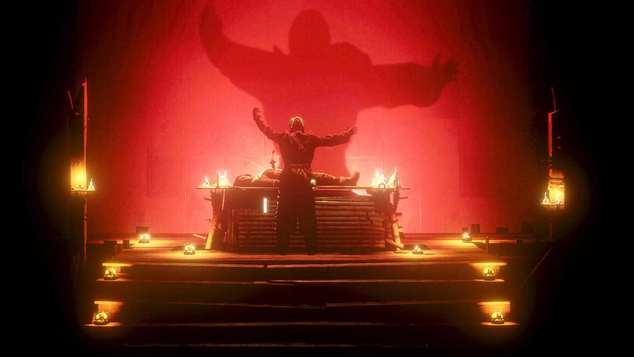  Metro Awakening screenshot - Man standing over a woman on an altar in front of a red background. 