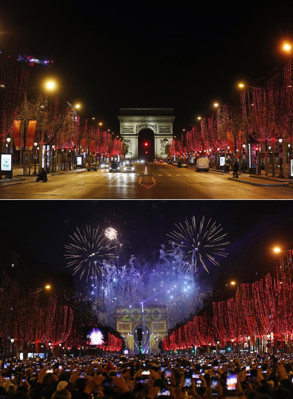 A combo image showing a general view of the Champs Elysees avenue in Paris very early on New Year's Day Friday, Jan. 1, 2021, and the bottom one the same location packed with revelers early on Tuesday, Jan. 1, 2020. As the world says goodbye to 2020, there will be countdowns and live performances, but no massed jubilant crowds in traditional gathering spots like the Champs Elysees in Paris and New York City's Times Square this New Year's Eve. The virus that ruined 2020 has led to cancelations of most fireworks displays and public events in favor of made-for-TV-only moments in party spots like London and Rio de Janeiro. (AP Photo/Thibault Camus, Christophe Ena)