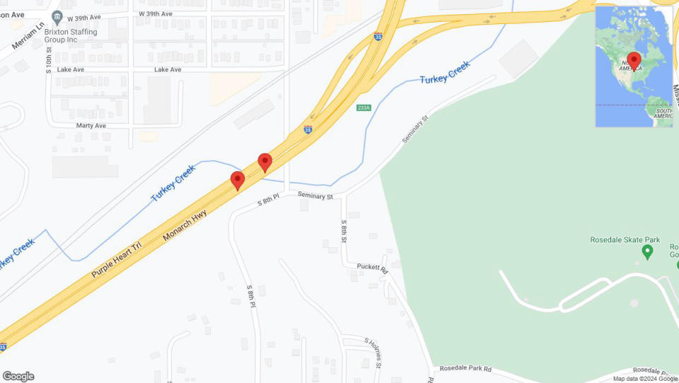 A detailed map that shows the affected road due to 'Broken down vehicle on northbound I-35 in Kansas City' on July 26th at 5:05 p.m.