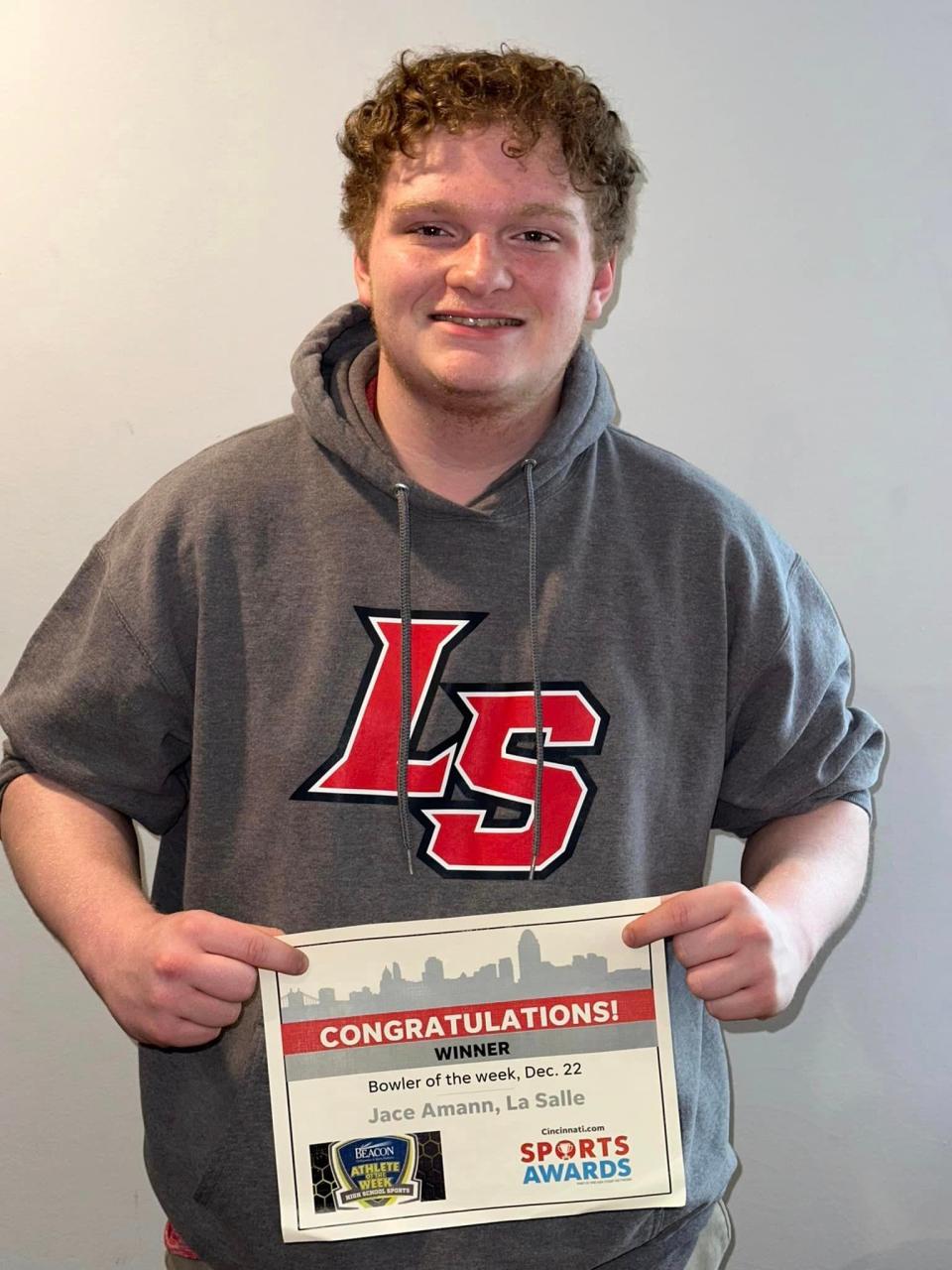 Jace Amann of La Salle shares the certificate he won as the Dec. 22, 2023, Cincinnati.com and Beacon Orthopaedics & Sports Medicine bowler of the week.