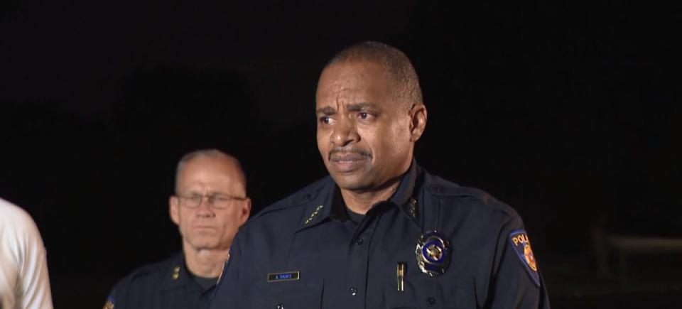 Round Rock Police Chief Allen Banks speaks during a news conference early Sunday about the shooting.