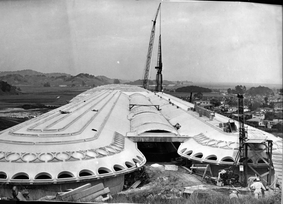 A 1961 photo shows the 172-foot tower is being brought into place during Marin County Civic Center’s construction.