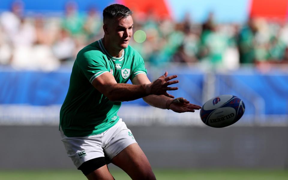 Johnny Sexton of Ireland plays a pass during the Rugby World Cup France 2023 match between Ireland and Romania at Nouveau Stade de Bordeaux on September 09, 2023 in Bordeaux, France