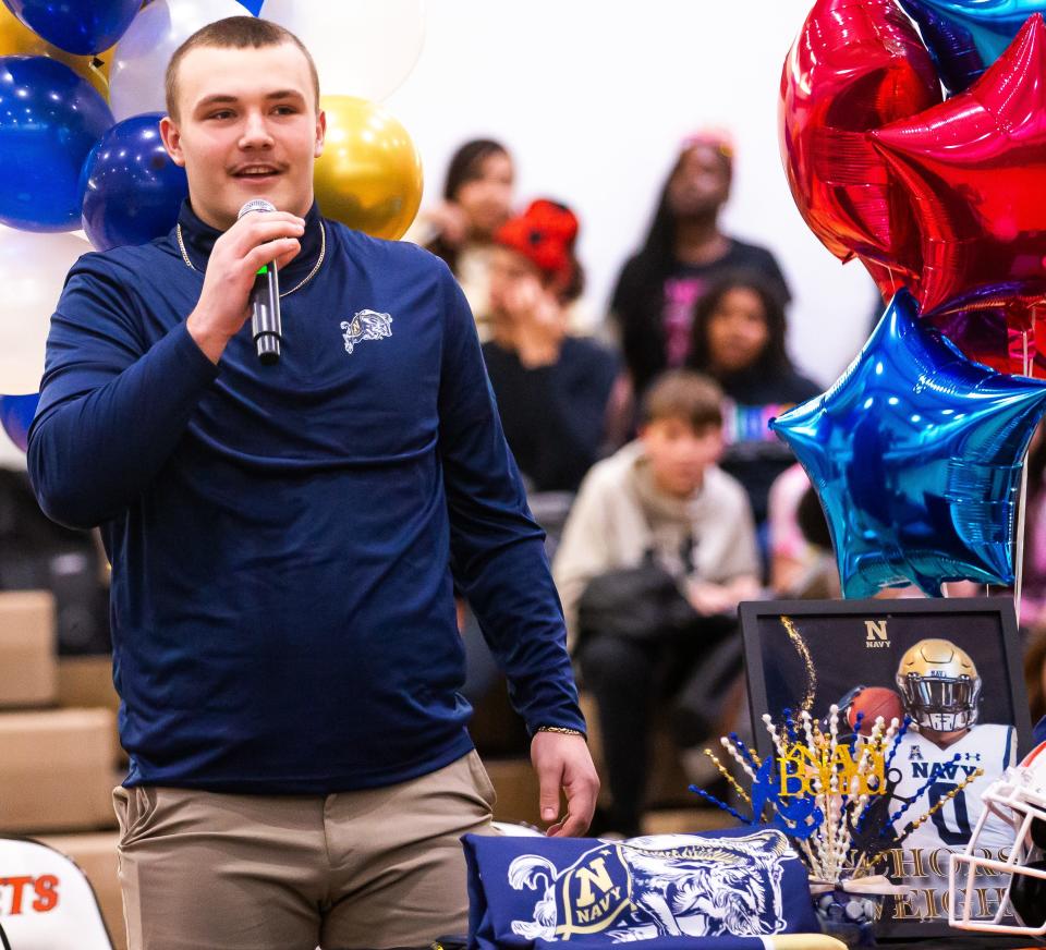 Andrew Zock, who signed with United States Naval Academy, thanked everyone for the support over the years. Hawthorne High School celebrated National Signing Day with seven of their football players signing letters of intent with colleges throughout the country. Head Football Coach Cornelius Ingram introduced all seven and spoke about their contributions to the team before they all signed. Que King signed with University of North Carolina at Pembroke, Demetri Perry signed with Fayetteville State University, Jamarion Davenport signed with Andrew College, Caleb Rollerson signed with University of Central Florida, Andrew Zock signed with United States Naval Academy, Earick Williams signed with Jackson State and Jordin Fluellen signed with University of North Carolina at Pembroke. [Doug Engle/Ocala Star Banner]2024