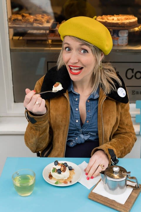 Quilton tucks into Honey & Co's feta cheesecake - Credit: Andrew Crowley/The Telegraph