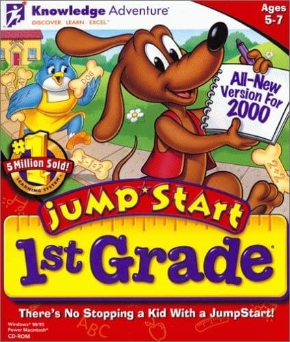 Cartoon dog with a pencil and notepad on "JumpStart 1st Grade" educational game cover