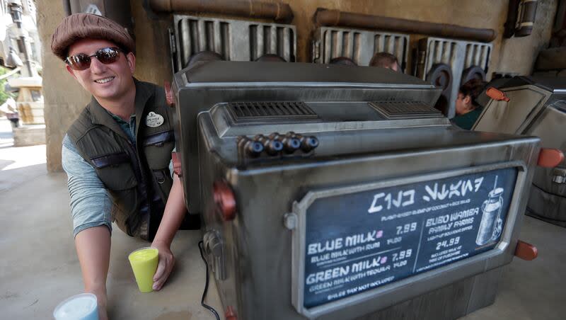 Blue Milk and Green Milk are among the refreshments for sale to guests during a preview of the "Star Wars"-themed land, Galaxy's Edge in Hollywood Studios at Disney World, Tuesday, Aug. 27, 2019, in Lake Buena Vista, Fla. TruMoo will soon begin selling its own version of the "Star Wars"-themed blue milk.