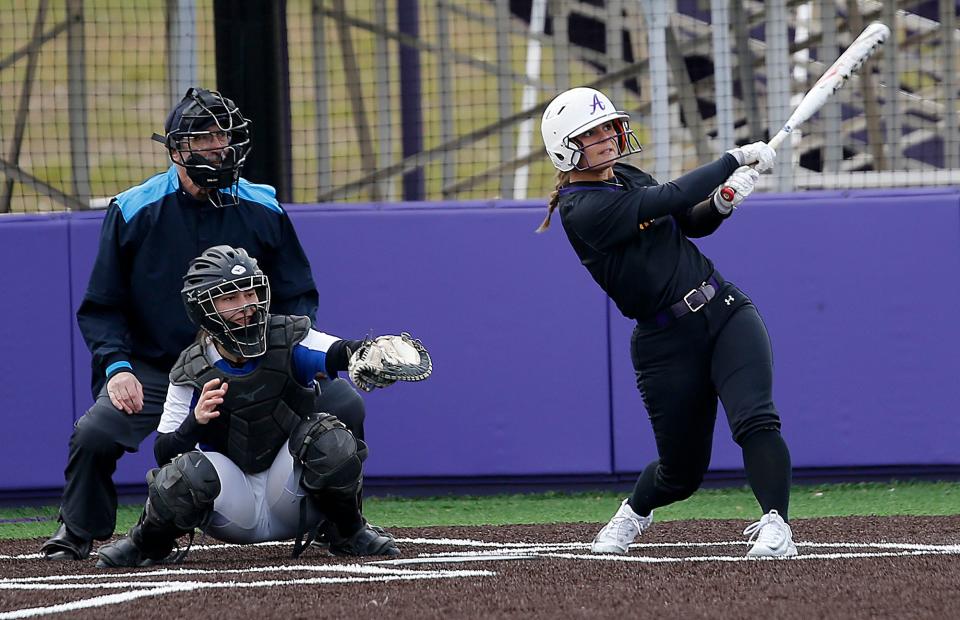 Ashland University's Kaitlyn Carney (4) bats against Ursuline College during college softball action Tuesday, March 28, 2023. TOM E. PUSKAR/ASHLAND TIMES-GAZETTE