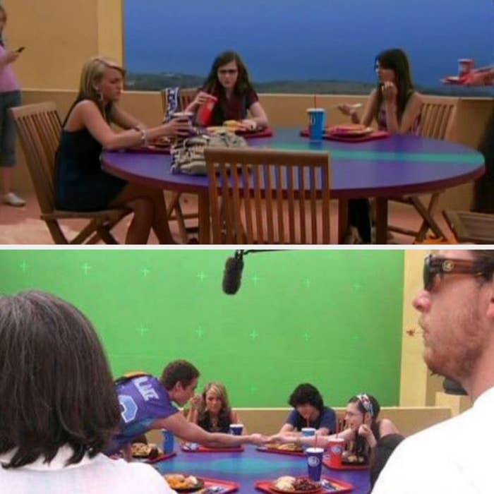 Three young women sitting at a large table with blue water in one scene and a green screen in another
