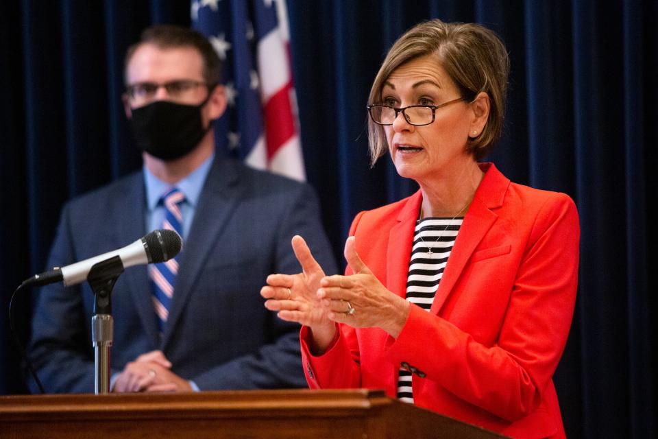 Iowa Governor Kim Reynolds holds a "Return to Learn" news conference on the reopening of public schools on July 30, 2020 at the Iowa State Capitol.