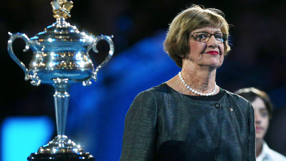 Margaret Court at the Australian Open ready to award the trophy.