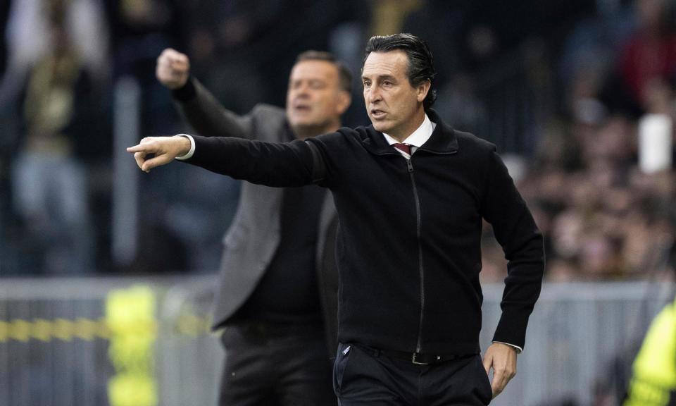 <span>Unai Emery points the way ahead for Aston Villa during their 3-0 victory over Young Boys in Switzerland.</span><span>Photograph: Peter Schneider/AP</span>