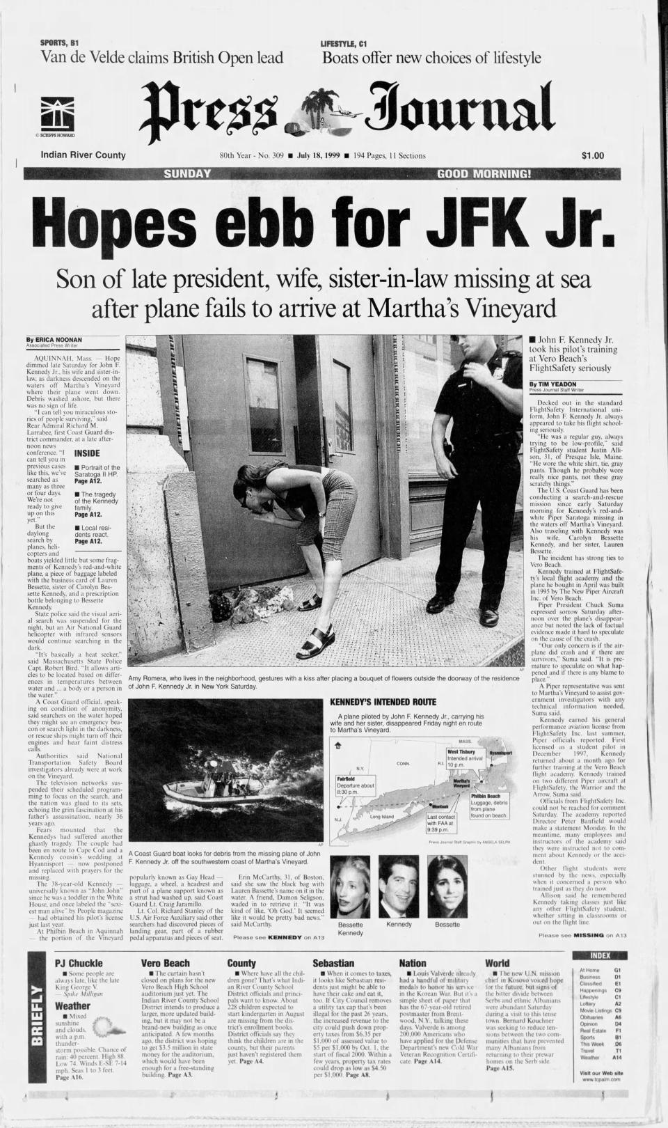 A Press Journal front page from July 18, 1999, two days after John F. Kennedy Jr's plane crashed into the Atlantic Ocean.