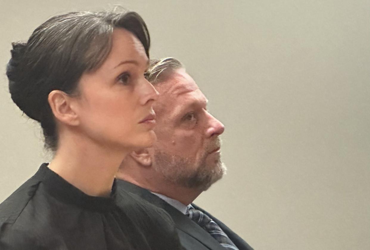 Daytona Beach Shores police Sgt. Jessica Long and Lt. Michael Schoenbrod listen to the proceedings during a hearing in which they asked a judge to continue to keep confidential all records of investigations into the jailing of their child on Oct. 5 and 6. They were not charged in the matter.