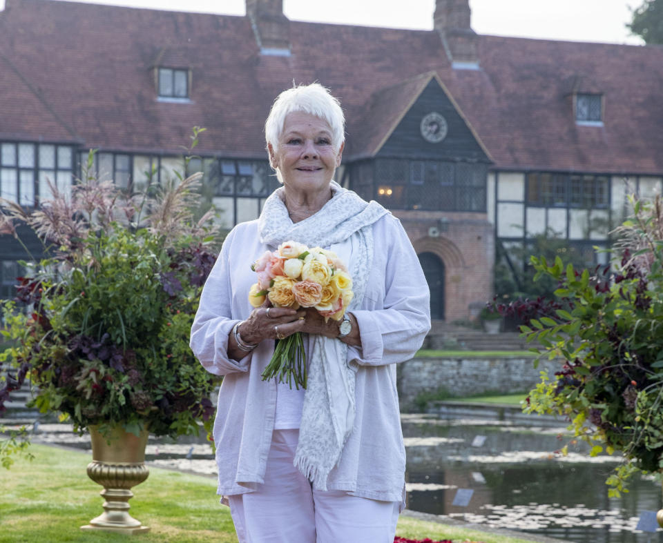 Dame Judi Dench stands on a 'red carpet' of flowers before opening the RHS Garden Wisley Flower Show at the gardens near Woking in Surrey.