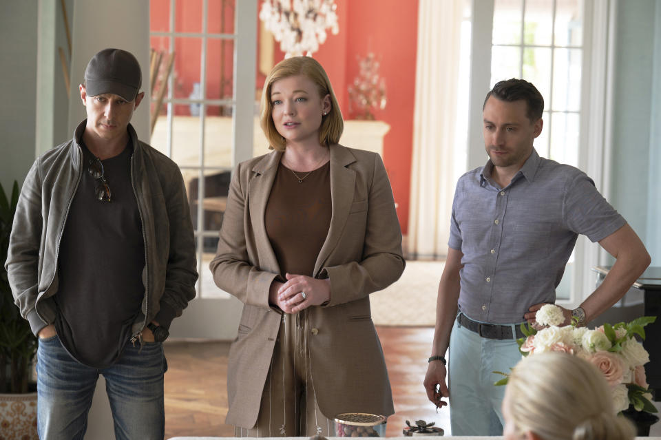 This image released by HBO shows Jeremy Strong, from left, Sarah Snook and Kieran Culkin in a scene from the fourth season of "Succession." (HBO via AP)