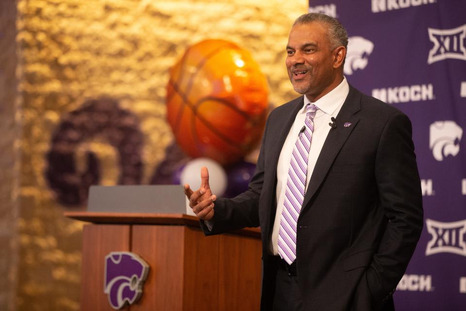 Jerome Tang, Kansas State’s new men’s basketball coach, speaks to a crowd gathered inside Bramlage Coliseum Thursday for his introduction press conference. Tang was assistant coach at Baylor for 19 seasons before being selected as K-State’s head coach Monday.