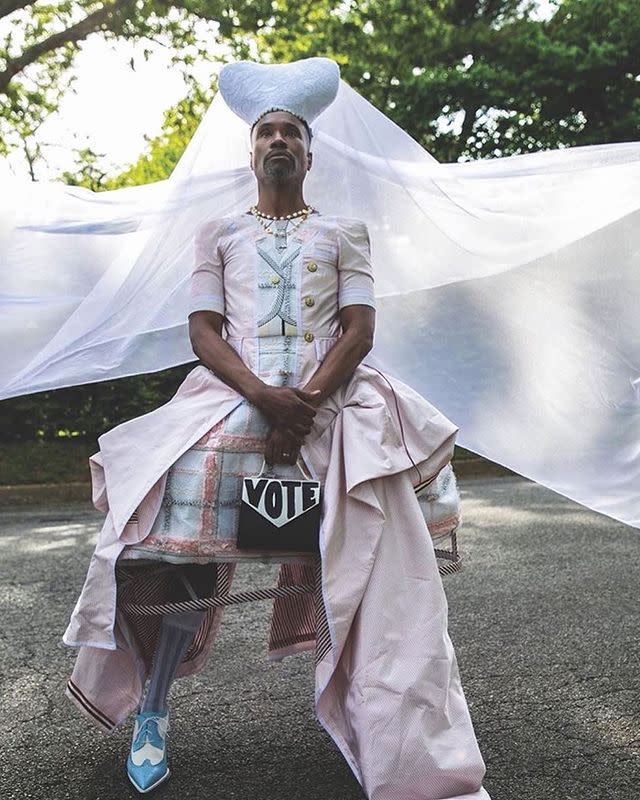 <p>The actor wore a Thom Browne SS20 creation teamed with blue and white brogues, a Chanel gold necklace, a J.R. Malpere 'Hemera' headpiece for a recent photoshoot. </p><p>He teamed the look with a bag with the word 'Vote' emblazoned on the front – a fitting accessory for his Instagram post encouraging his followers to vote. </p><p><a href="https://www.instagram.com/p/CC8xr5BFHYx/" rel="nofollow noopener" target="_blank" data-ylk="slk:See the original post on Instagram;elm:context_link;itc:0;sec:content-canvas" class="link ">See the original post on Instagram</a></p>