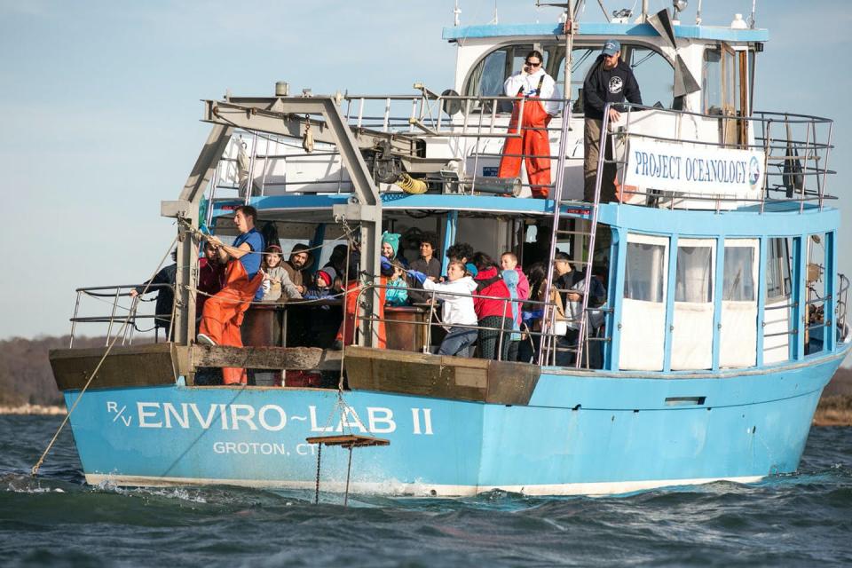 <span class="caption">Project Oceanology class retrieves a bottom trawl at the mouth of the Thames River. </span> <span class="attribution"><span class="source">Anna Sawin</span>, <a class="link " href="http://creativecommons.org/licenses/by-sa/4.0/" rel="nofollow noopener" target="_blank" data-ylk="slk:CC BY-SA;elm:context_link;itc:0;sec:content-canvas">CC BY-SA</a></span>