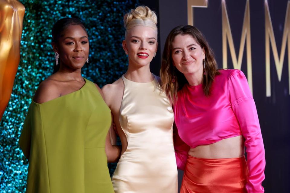 Moses Ingram, Anya Taylor-Joy, and Marielle Heller, winners of the Outstanding Limited Or Anthology Series award for The Queen's Gambit (Getty Images)