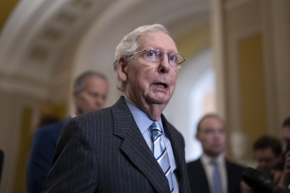 Senate Minority Leader Mitch McConnell, R-Ky., reacts to his conversation with Israeli Prime Minister Benjamin Netanyahu and chides Senate Majority Leader Chuck Schumer, D-N.Y., for his critical remarks last week criticizing the Israeli leader for the humanitarian crisis in Gaza, at the Capitol in Washington, Wednesday, March 20, 2024. (AP Photo/J. Scott Applewhite)