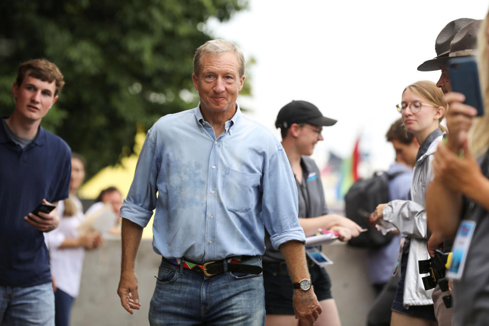 2020 Democratic U.S. presidential candidate, businessman, and political donor Tom Steyer speaks at the Iowa State Fair in Des Moines, Iowa, U.S., August 11, 2019. REUTERS/Scott Morgan