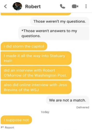 A screenshot of Robert Chapman telling a person on the dating Bumble that he participated in the Capitol riot on Jan. 6, 2021. (Dept. of Justice)
