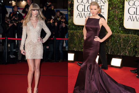 <p>After a rather ordinary appearance in Donna Karan at the Golden Globes (right), we were pleased to see Swift dressing more age appropriately and showing off those amazing pins at the NRJ Music Awards in a hot Ellie Saab mini.</p>