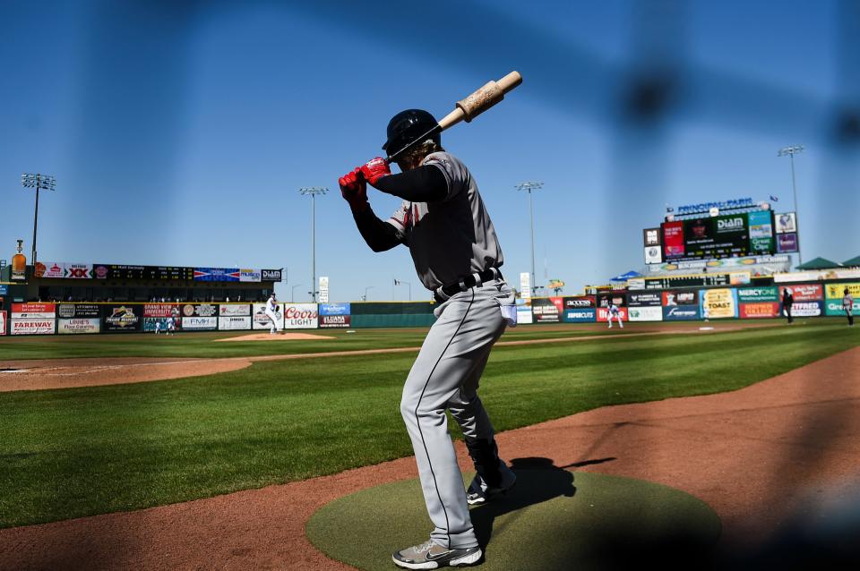 Toledo Mud Hens' infielder Josh Lester (17) stands in the batters circle during their game against the Iowa Cubs at Principal Park Saturday, April 16, 2022, in Des Moines.