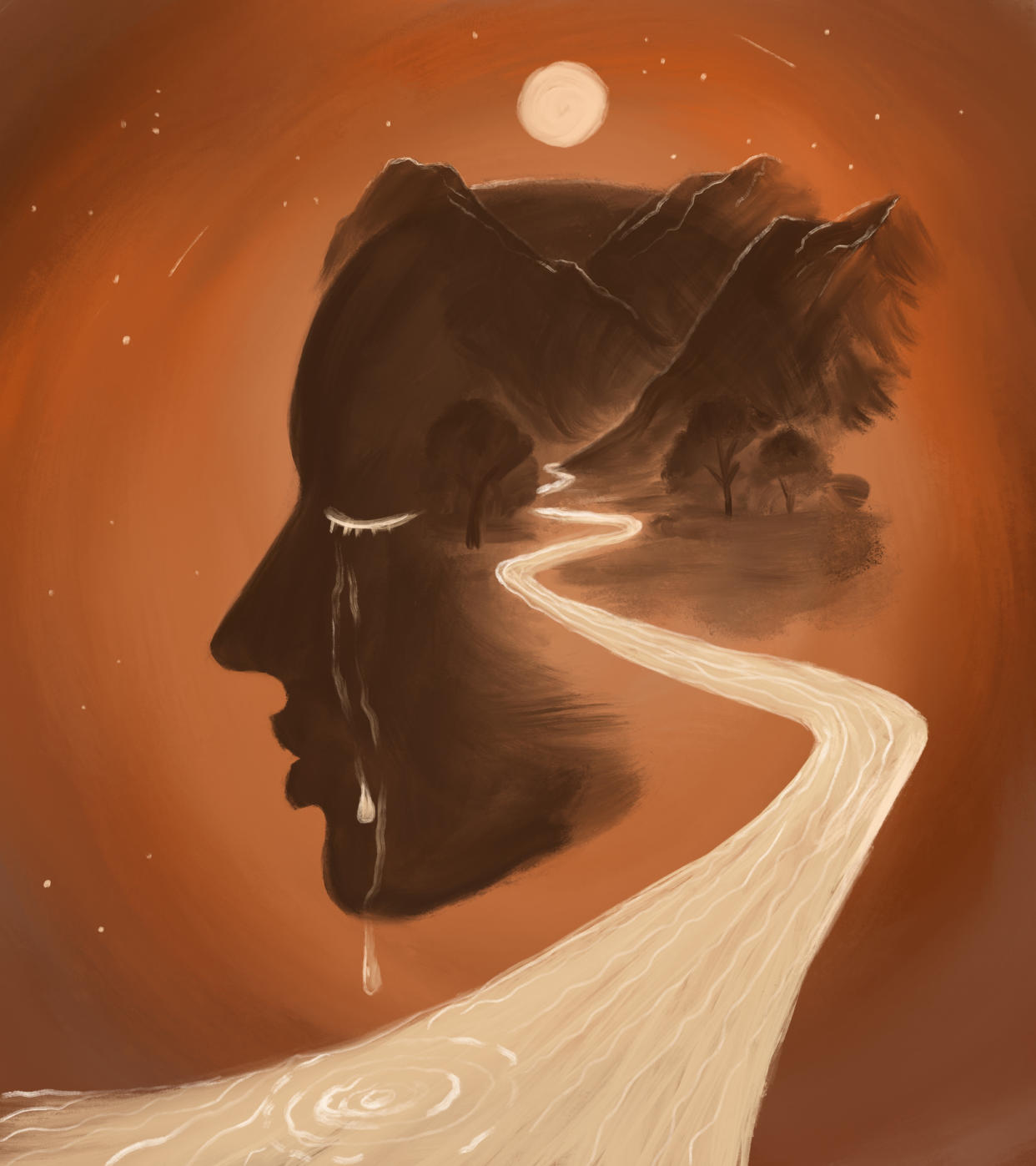 abstract portrait symbolizing depression and psychotherapy. Profile of a woman with a road and tears