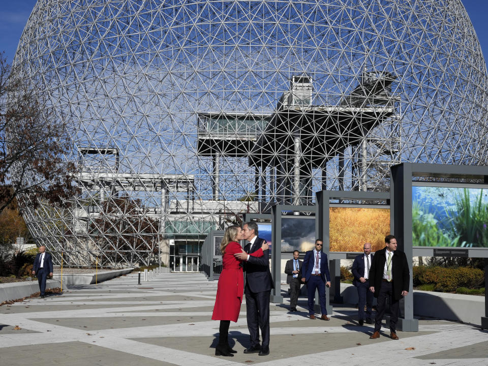 US Secretary of State Antony Blinken and Minister of Foreign Affairs Melanie Joly bid farewell to one another after a visit to the Biosphere in Montreal, Friday, Oct. 28, 2022. (Ryan Remiorz /The Canadian Press via AP)