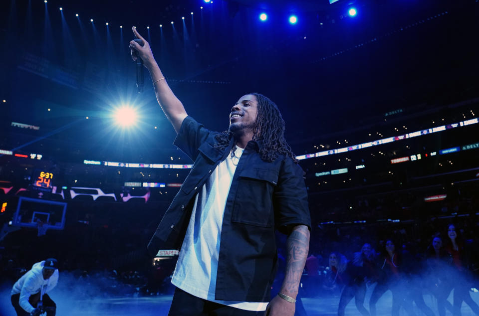 Feb 5, 2020; Los Angeles, California, USA;  Recording artist and rapper D Smoke aka Daniel Anthony Farris performs during halftime of the NBA game between the LA Clippers and the Miami Heat at Staples Center. Mandatory Credit: Kirby Lee-USA TODAY Sports