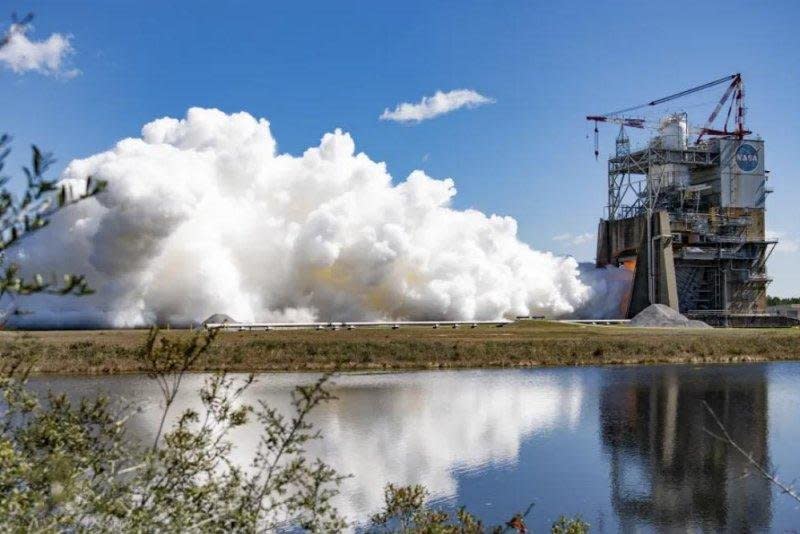 NASA completes a full-duration RS-25 engine hot fire on March 6 on the Fred Haise Test Stand at the space agency's Stennis Space Center in Mississippi. It was the ninth of 12 tests for NASA's updated engines that will launch Artemis missions to the moon. Photo courtesy of Danny Nowlin/NASA