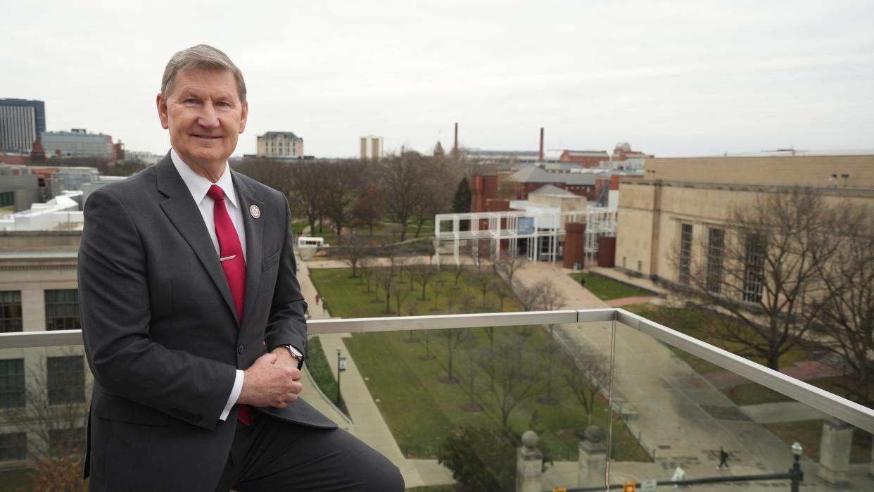 Ohio State University President Ted Carter on Thursday, Jan. 11, 2024, the balcony at his office in University Square South at North High Street and East 15th Avenue.