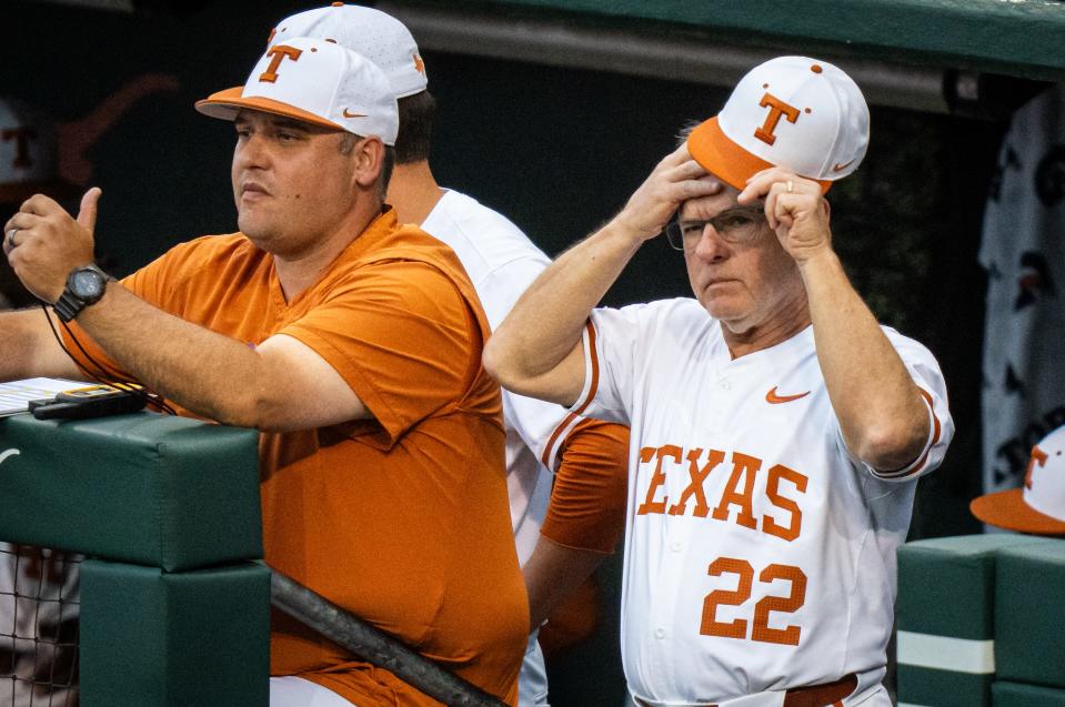 Texas head coach David Pierce watches from the dugout during the third inning of Friday night's 5-0 loss to TCU at UFCU Disch-Falk Field. The Horned Frogs had won only three road games all year. "We can go from really good baseball to really ugly baseball," Pierce said.