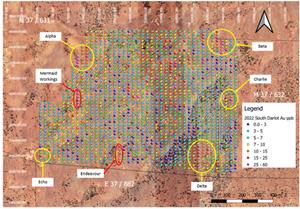 Au (ppb) dispersion in the South Darlot Gold Project with known mineralised deposits and areas of interest highlighted from soil sampling campaign.