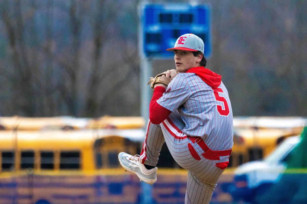 Pocono Mountain East's Rocco DelGiudice (5) closes the final innings as the pitcher for the Cardinals against the Pleasant Valley High School on March 22, 2024