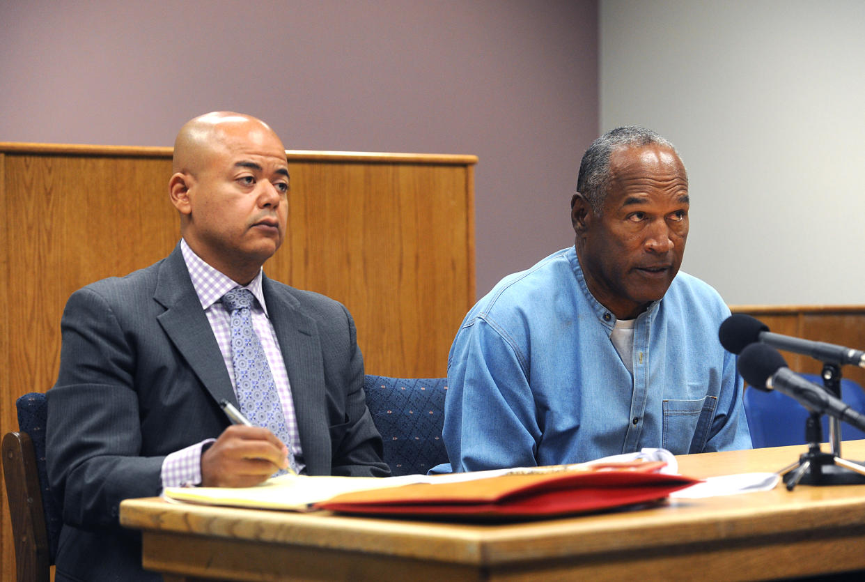 LOVELOCK, NV - JULY 20: O.J. Simpson (R) attends his parole hearing with his attorney Malcolm LaVergne at Lovelock Correctional Center July 20, 2017 in Lovelock, Nevada. Simpson is serving a nine to 33 year prison term for a 2007 armed robbery and kidnapping conviction. (Photo by Jason Bean-Pool/Getty Images)