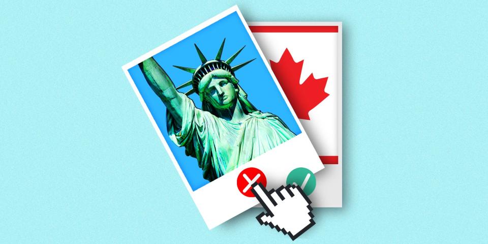 The Statue of Liberty is shown inside a dating profile. A computer cursor hits a red 'x' button to swipe left, revealing a profile behind it showing the Canadian flag.