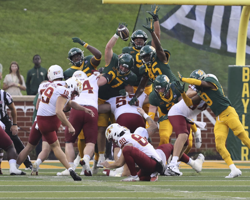 Iowa State place-kicker Chase Contreraz connects for a field goal against Baylor in the second half of an NCAA college football game, Saturday, Oct. 28, 2023, in Waco, Texas. (Rod Aydelotte/Waco Tribune-Herald via AP)