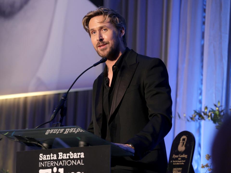 Ryan Gosling speaks onstage while accepting award at Santa Barbara International Film Festival's Kirk Douglas Award Honoring Ryan Gosling at The Ritz Carlton Bacara on January 13, 2024 in Santa Barbara, California.