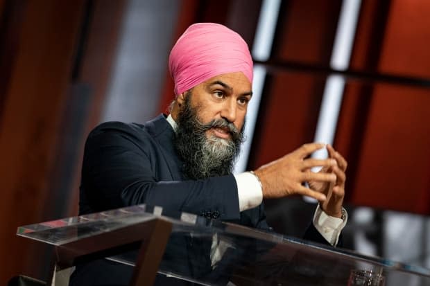 NDP Leader Jagmeet Singh takes part in CBC The National’s Face to Face, hosted by Rosemary Barton, on Sept. 14. (Evan Mitsui/CBC - image credit)