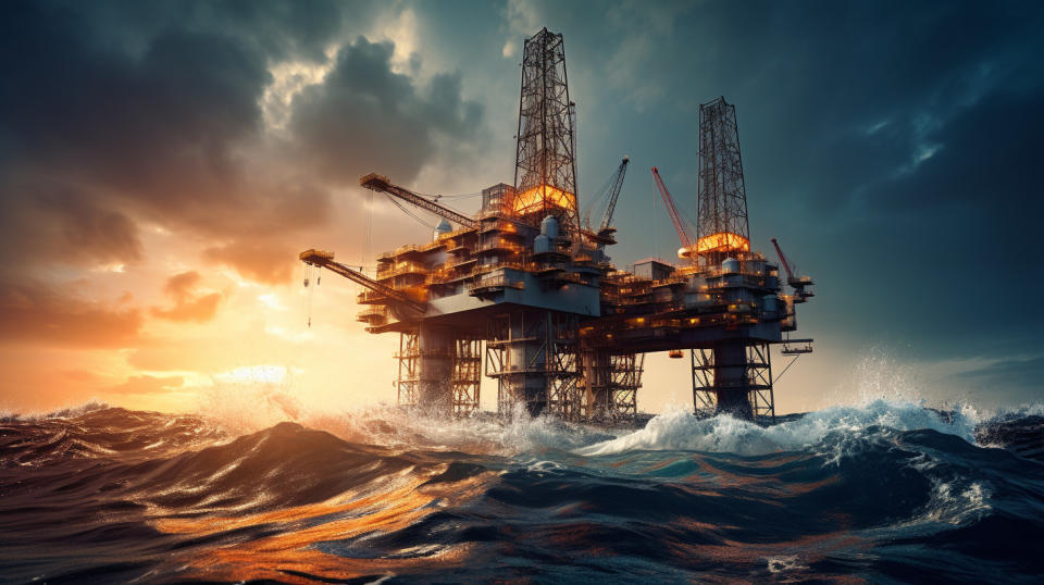 A close-up of an oil rig in motion with the ocean shining in the background.