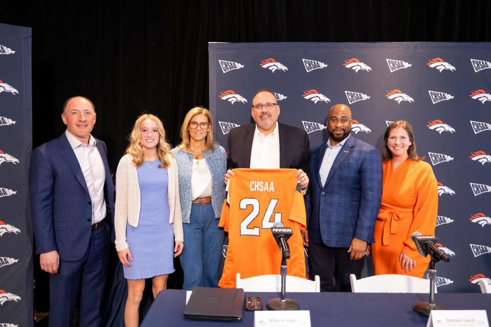 Bobby Mestas, Saylor Swanson, Carrie Walton Penner, Mike Krueger, Damani Leech and Allie Engelken during a press conference after a vote to make flag football a sanctioned sport in Colorado at Centura Health Training Center in Englewood, Colorado on April 24, 2024.