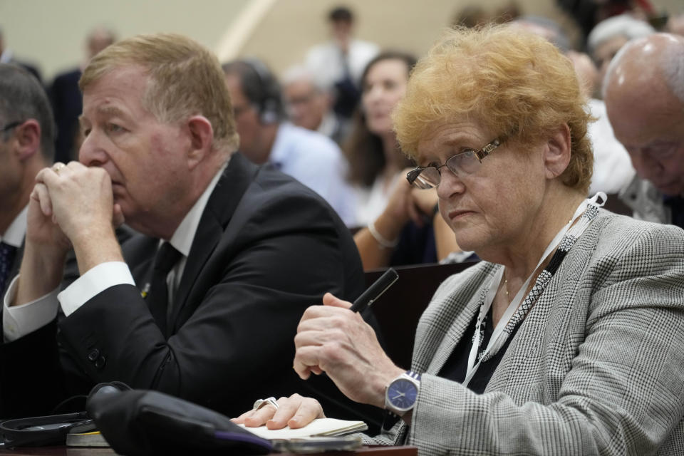 Deborah Esther Lipstadt, American historian and diplomat, sits near Israeli Ambassador to the Holy See Schutz Raphael Schutz during the international conference "New documents from the Pontificate of Pope Pius XII and their Meaning for Jewish-Christian Relations: A Dialogue Between Historians and Theologians", at the Gregorian University in Rome, Monday, Oct. 9, 2023. (AP Photo/Gregorio Borgia)