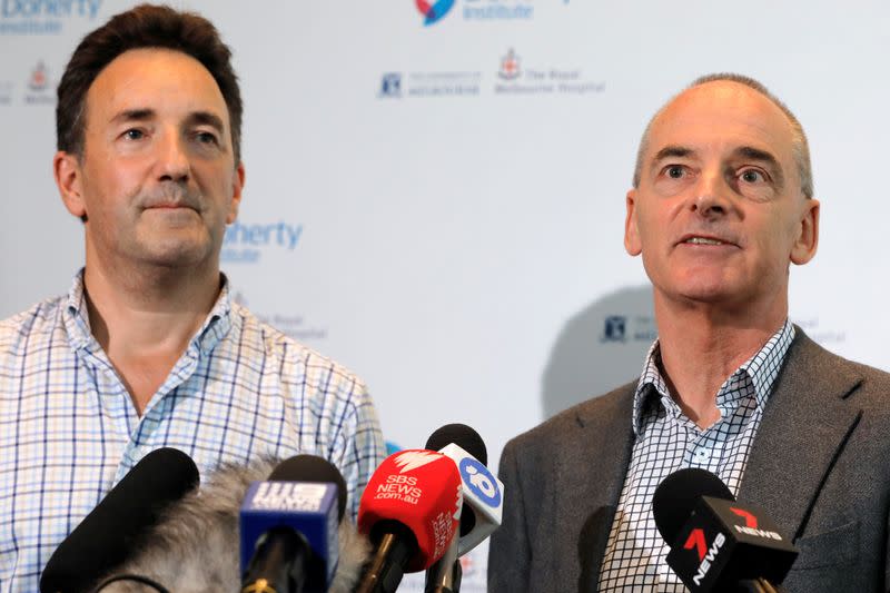 The Royal Melbourne Hospital's Dr Julian Druce, Virus Identification Laboratory Head at the Doherty Institute and Dr Mike Catton, Deputy Director of the Doherty Institute address media to announce having successfully grown the Wuhan coronavirus from a pati