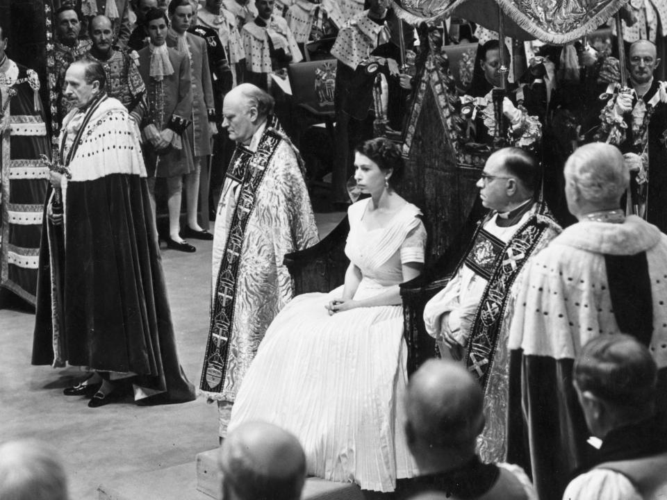 Queen Elizabeth II in her second dress during her coronation on June 2, 1953.